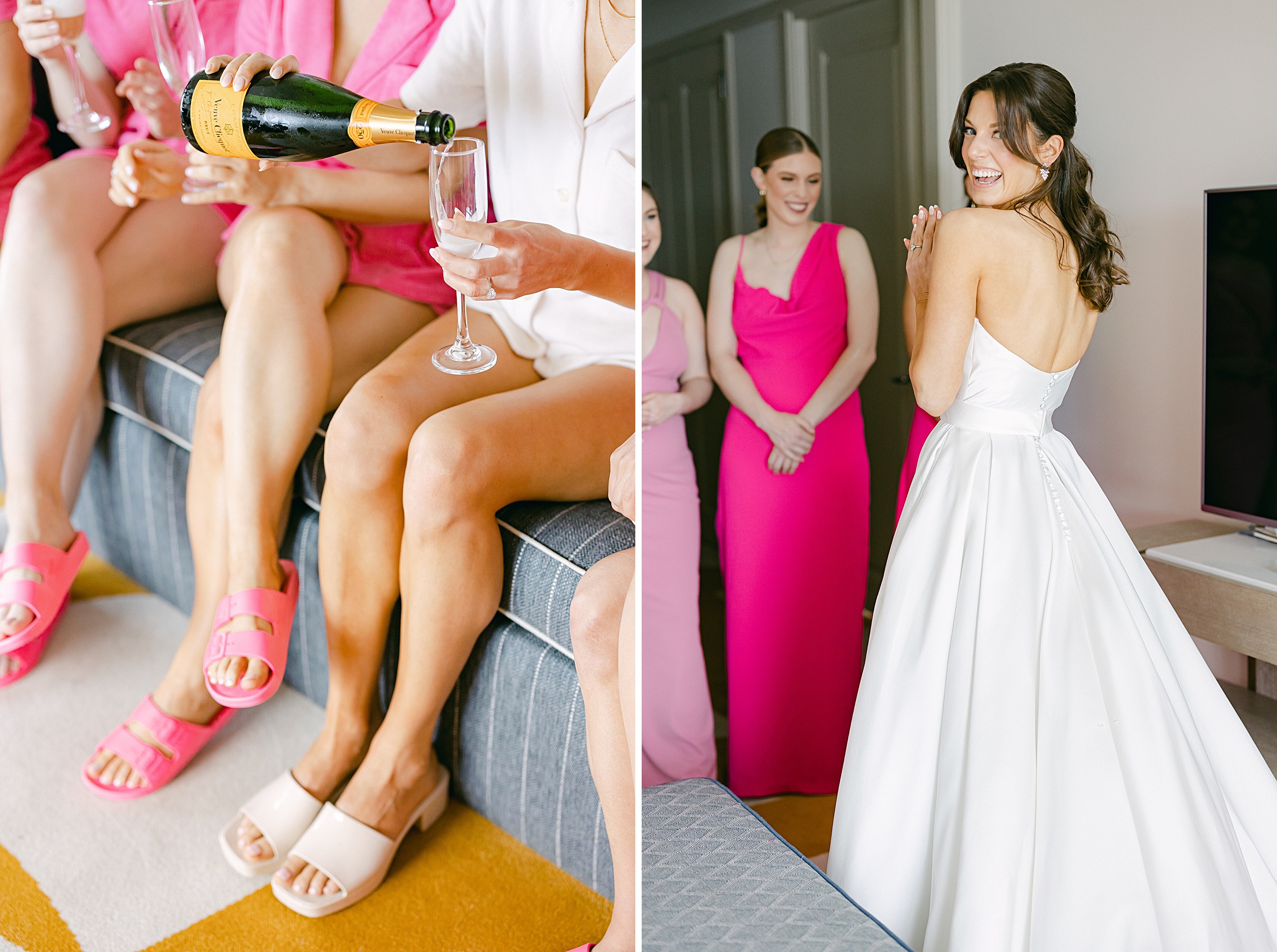 bride excited for her wedding pouring champaign in their pink slides