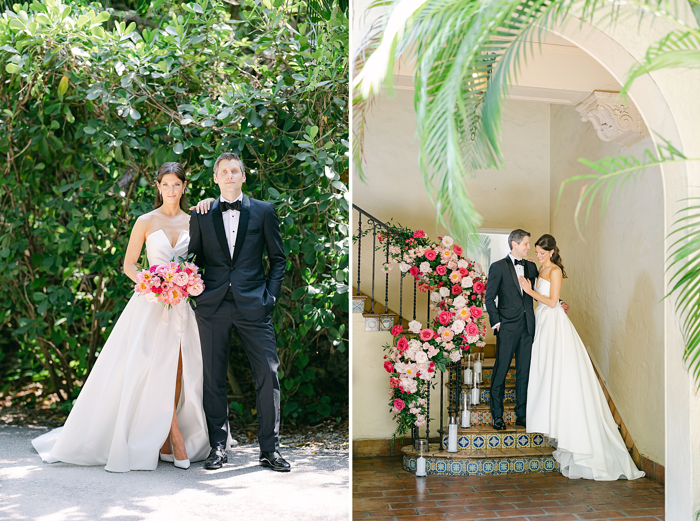Newlywed portraits at Villa Woodbine with barbie pink, blush florals at Villa Woodbine staircase