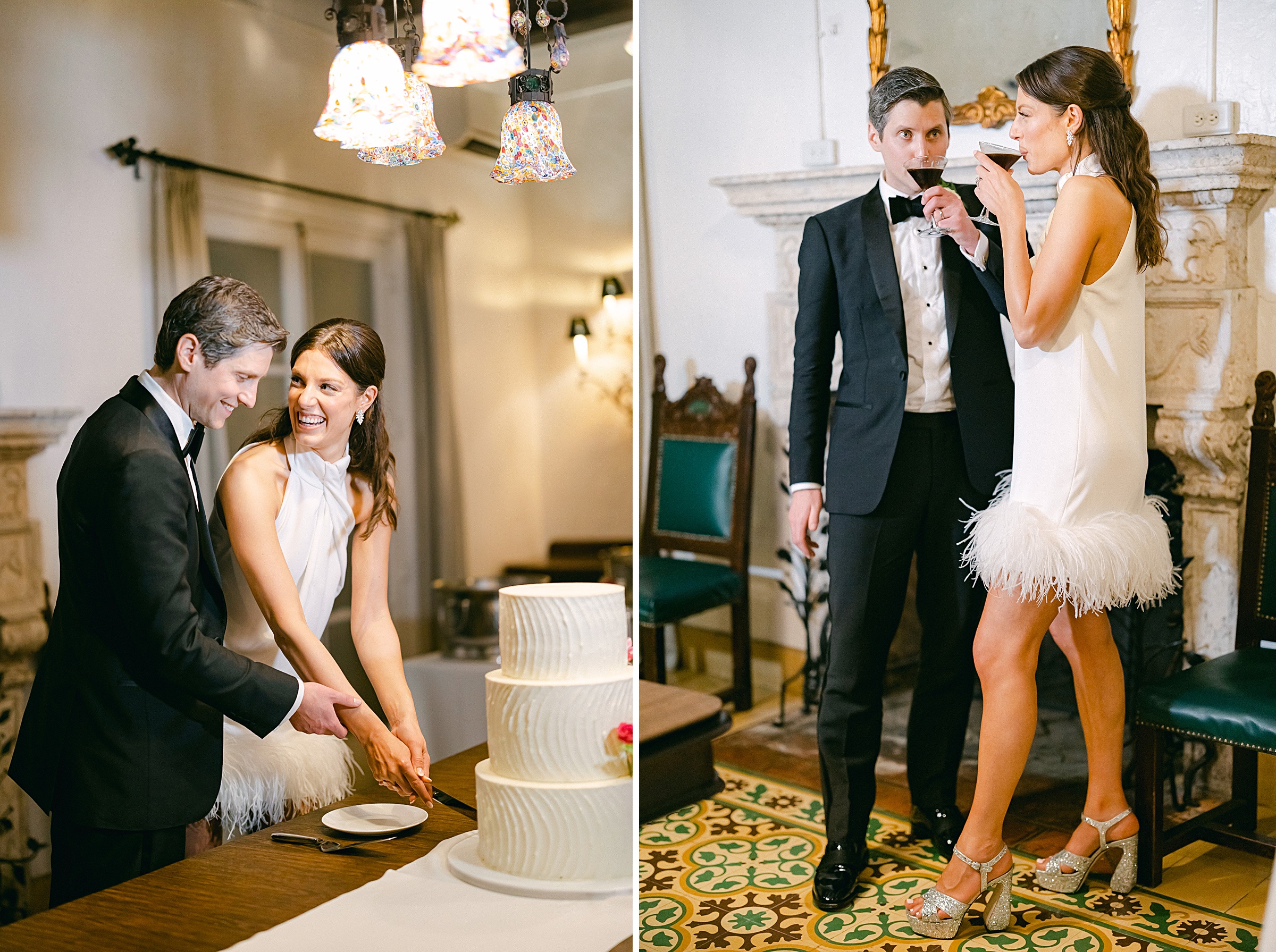 bride and groom cutting their wedding cake and enjoying a martini espresso