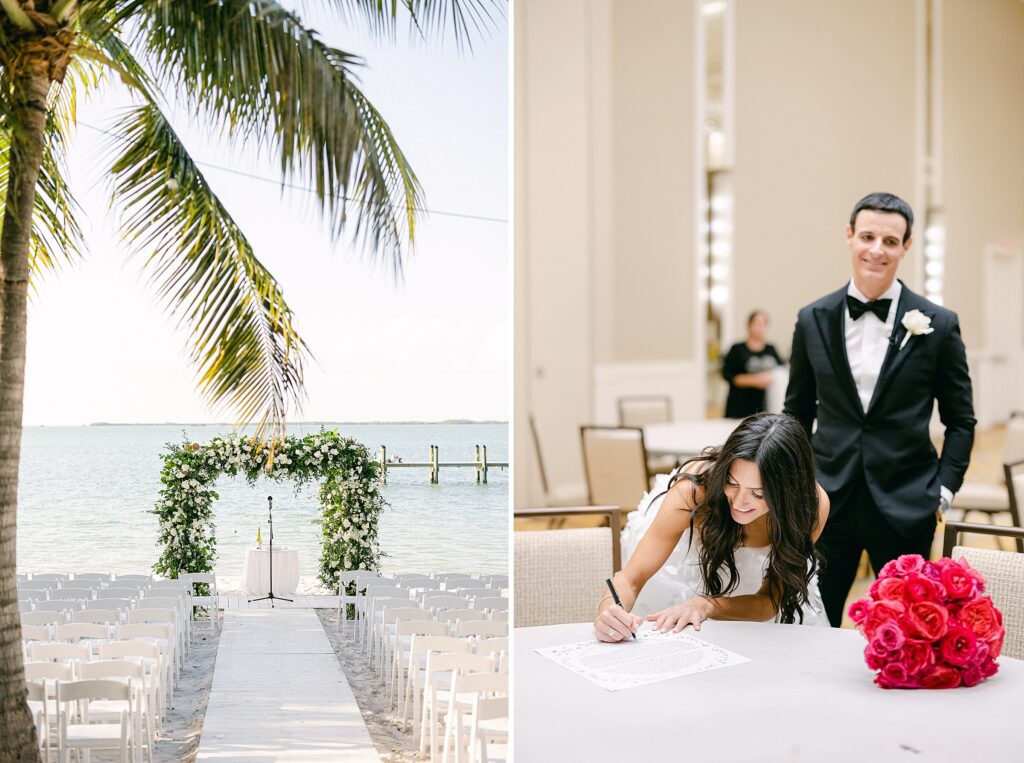 bride signing ketubah paired with the ceremony chuppah on the beach with white flowers
