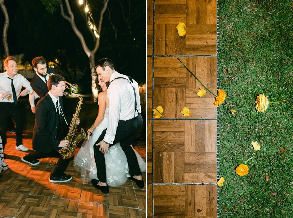 Bride and groom dancing with yellow rose petals all over the floor