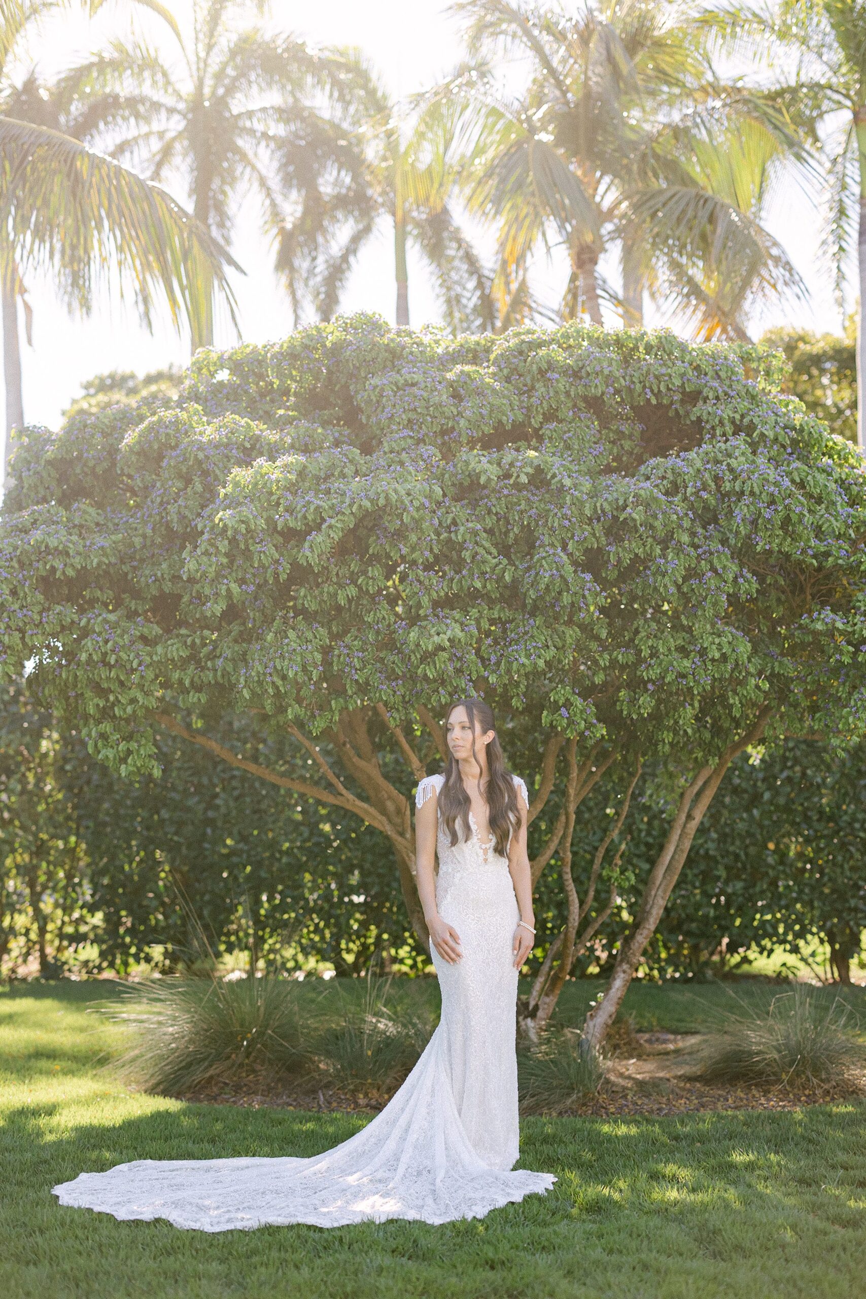 Solo portrait of the bride in front of a purple crape myrtle tree with the golden sun behind her