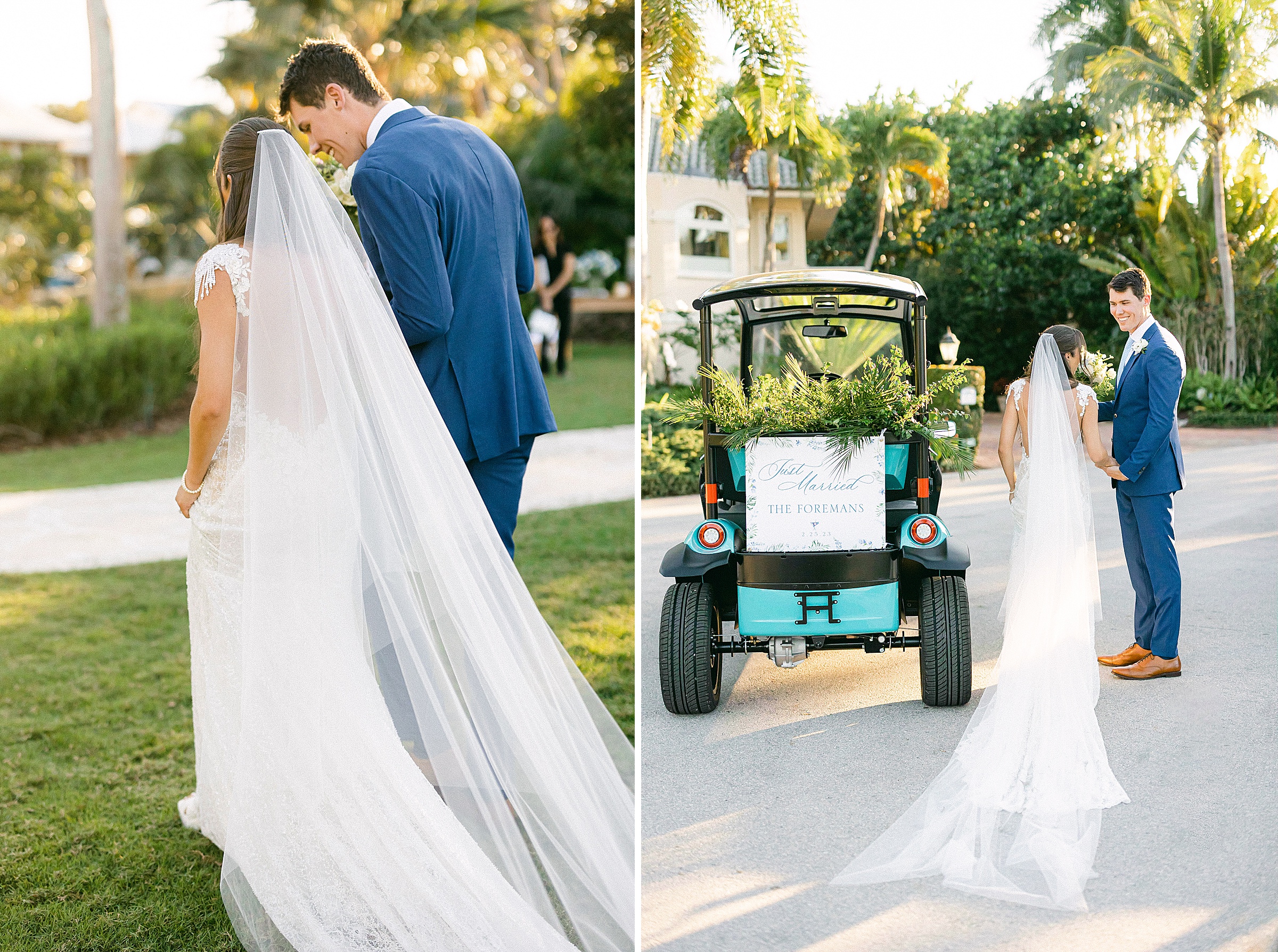 newlyweds walk toward their get a way tiffany blue golf cart decorated with a just married sign and greenery
