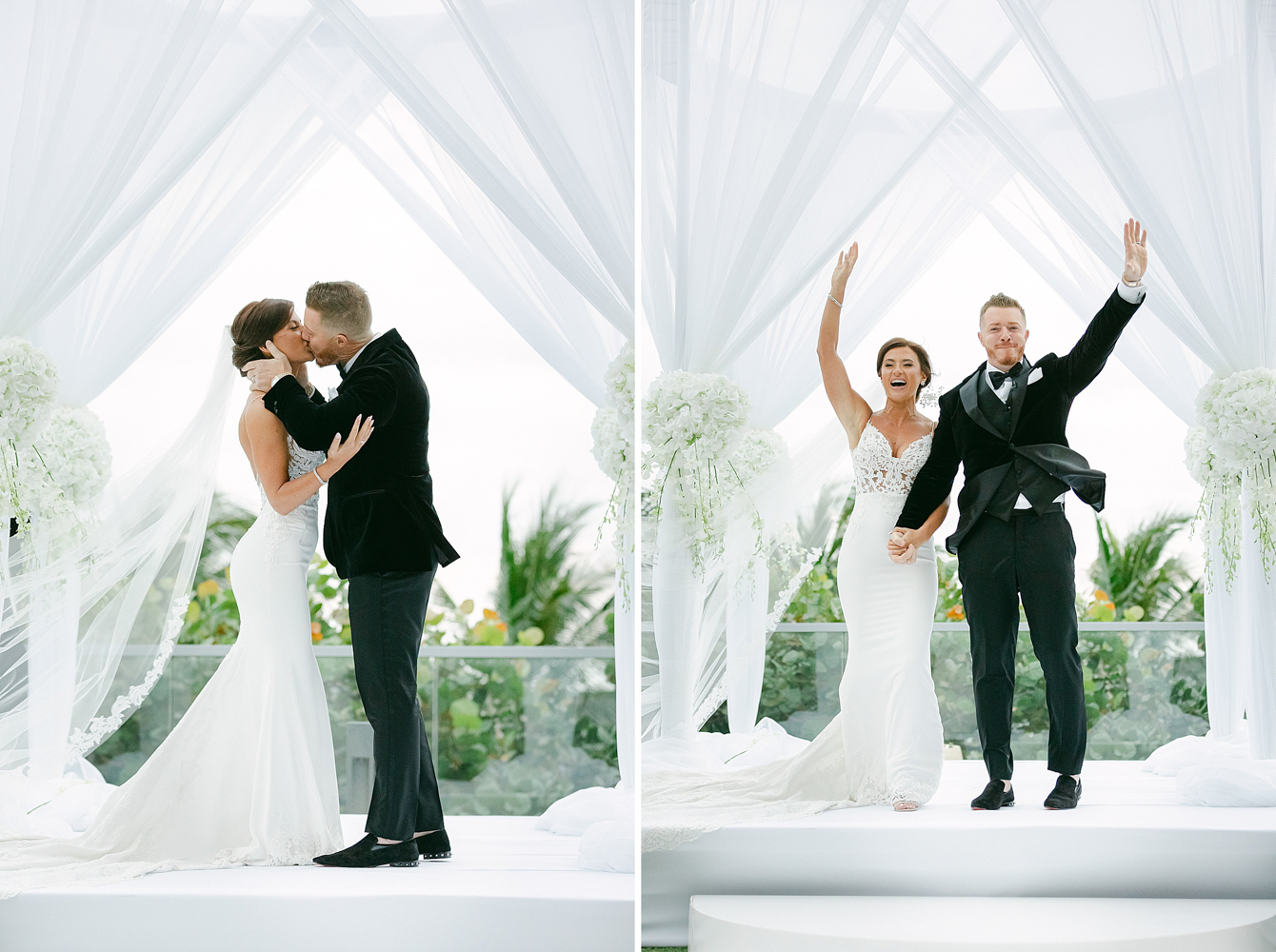 Bride and groom exchange their first kiss under their white Chuppah