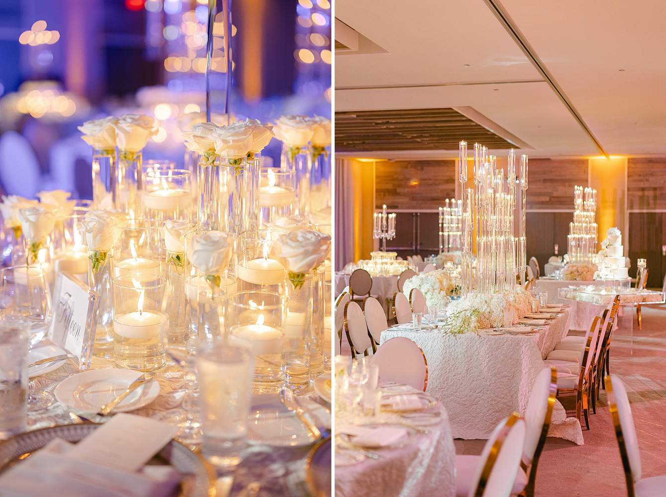 Reception decor details at the Terra ballroom. White roses in tall glass cylinders and gold and ivory circle back chairs