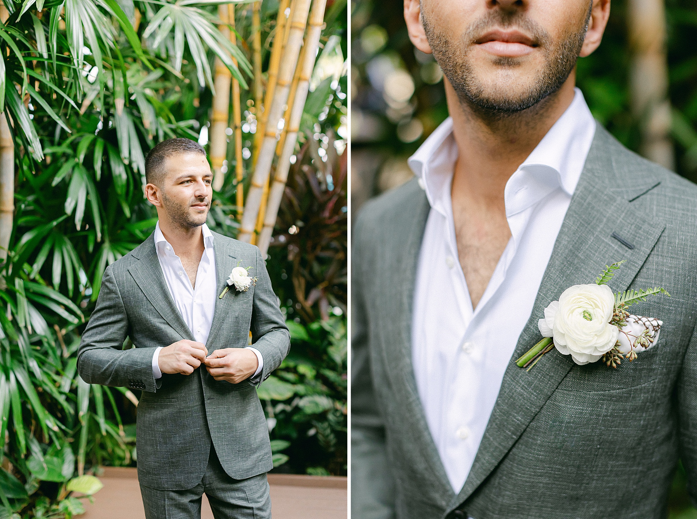groom wearing a sage green linen suit with a white flower boutonniere 