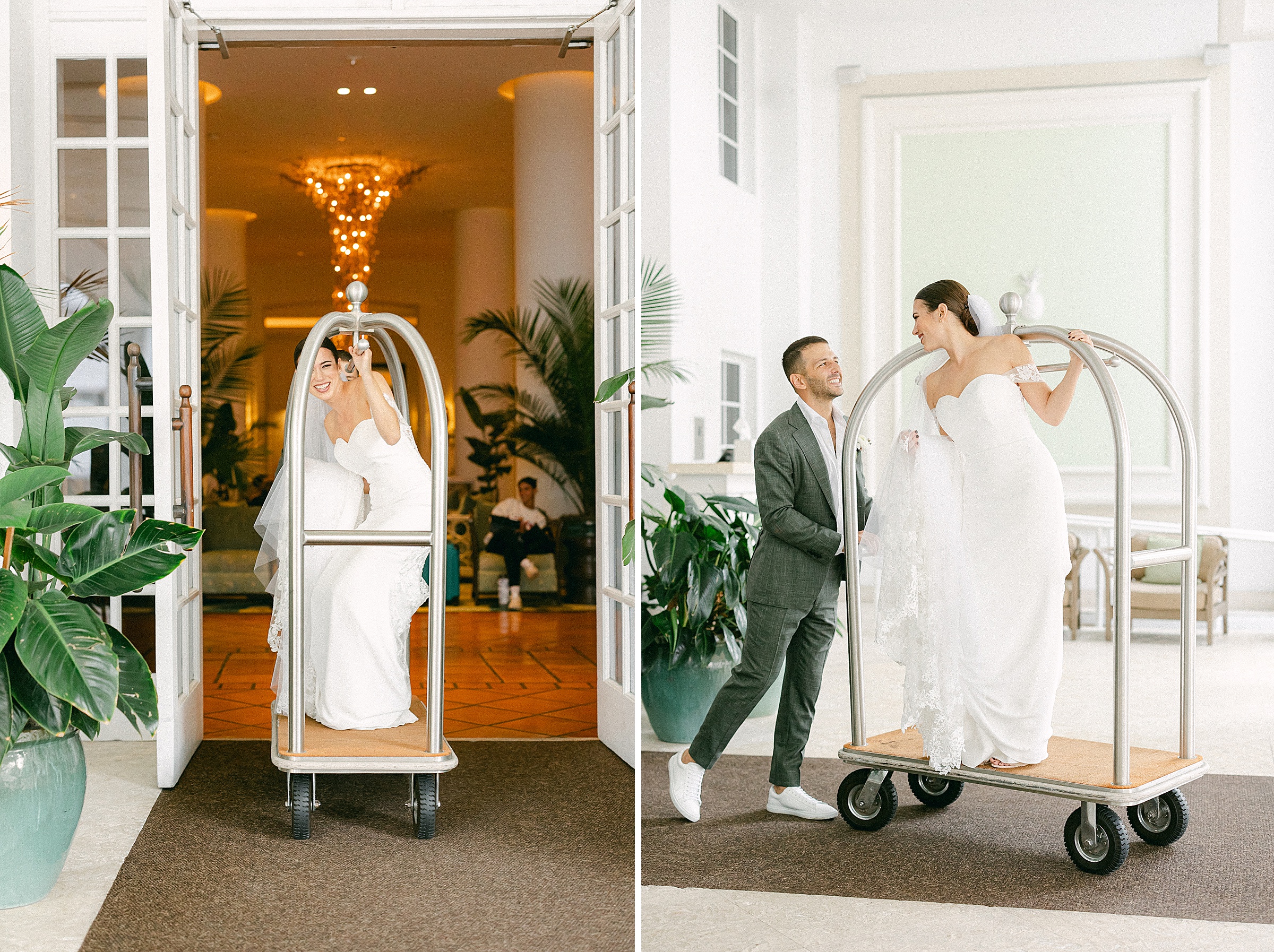 bride riding on the bellhop cart pushed by the groom