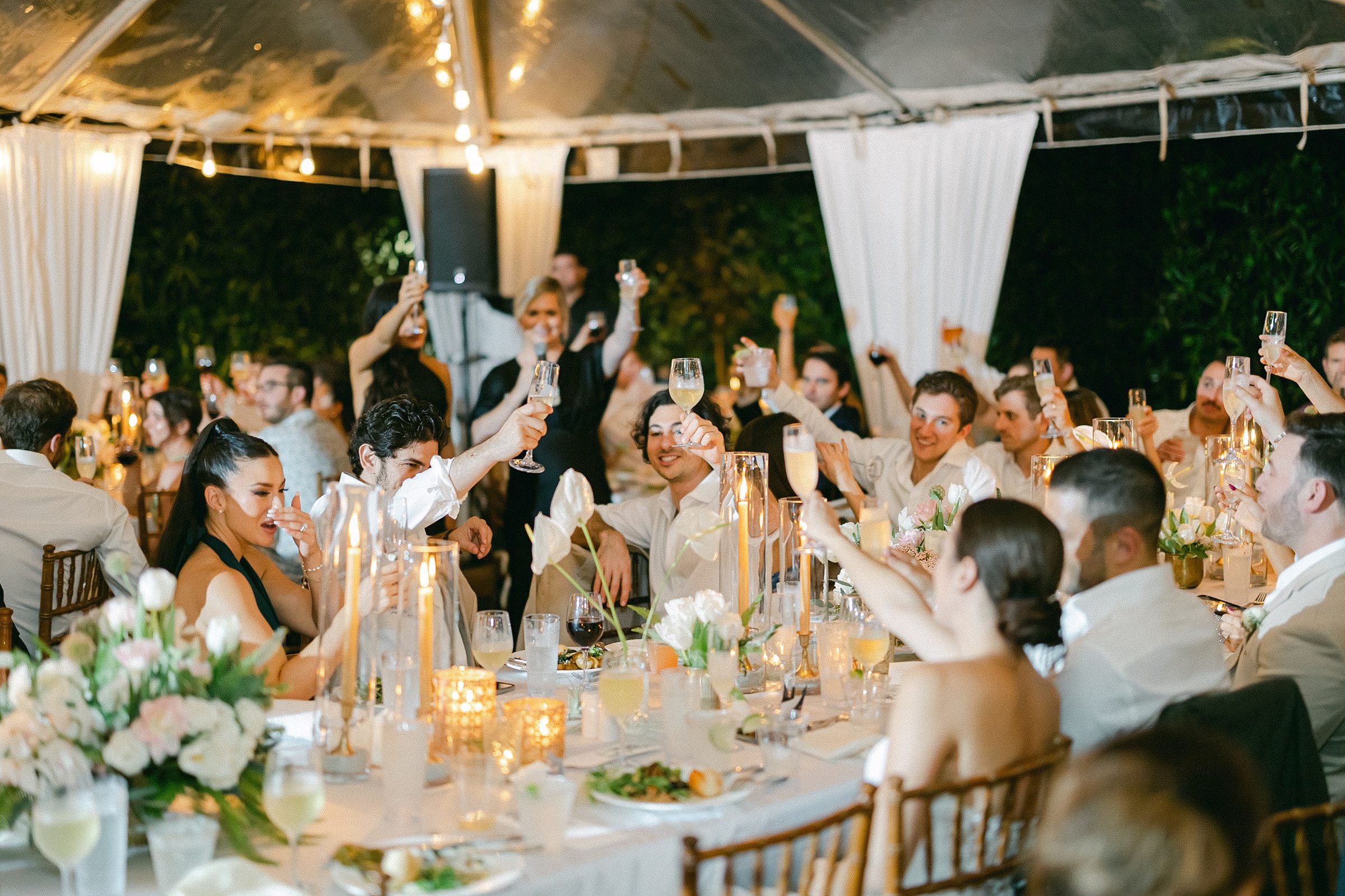 guests raising their glasses in a toast 