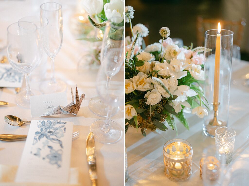 Paper crane, white blue menu, white florals with white tapered candles