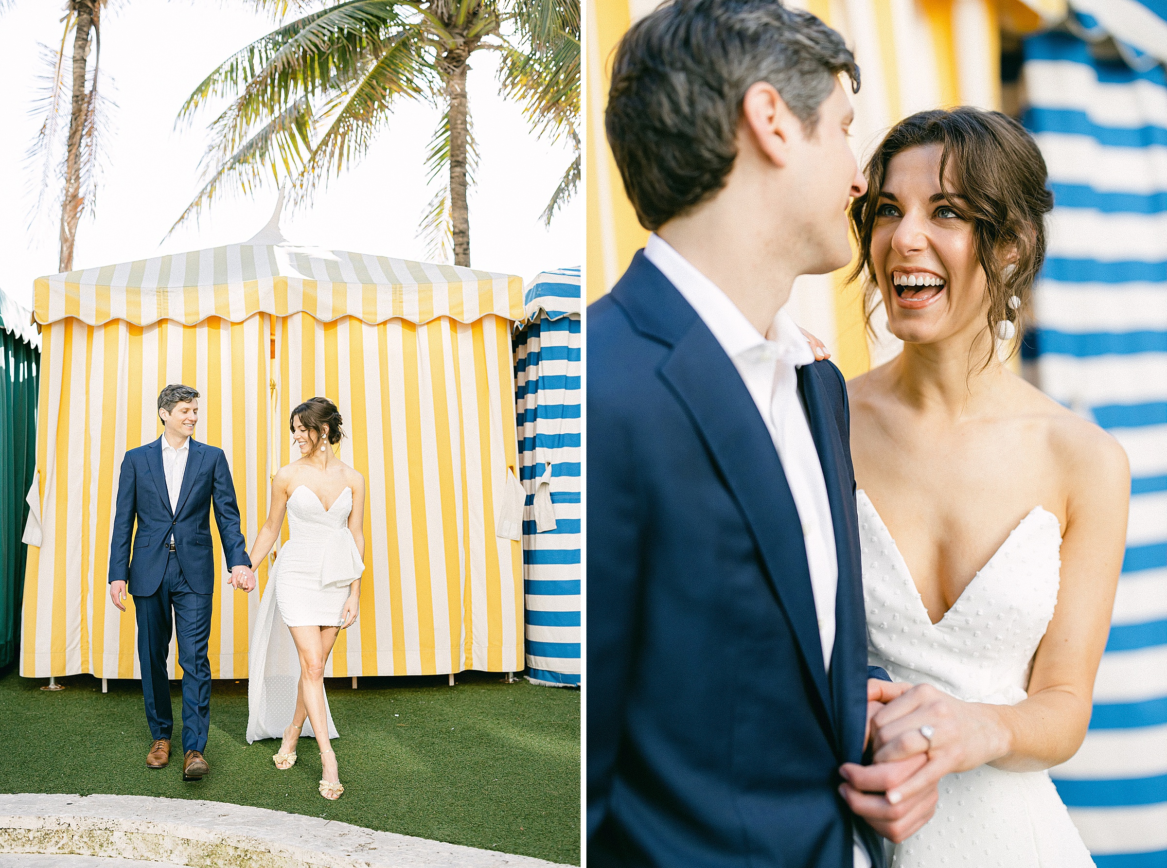 Engaged couple holding hands as they walk together in front of the colorful stripped cabanas at the Confidante Hotel in Miami Beach