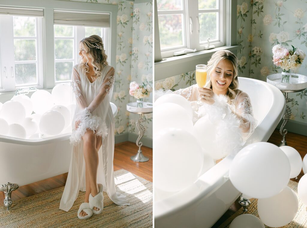 bride sitting on her white balloon filled bath tub during her miami wedding getting ready.