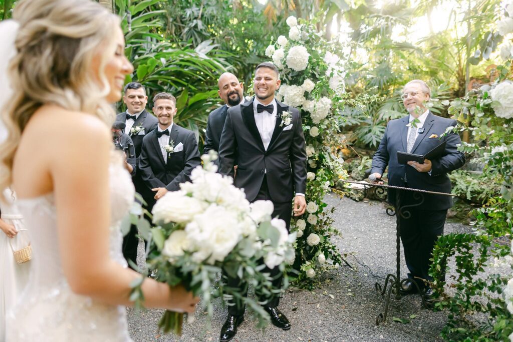Grooms crying reaction to seeing his bride for the first time at the ceremony grotto at the Cooper Estate.