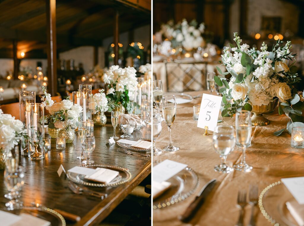 White low luxury floral arrangements at the Cooper Estate reception barn.